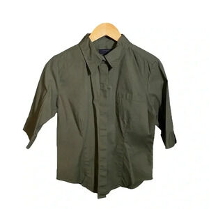 EXPRESS Women's Stretch Cotton Dress Shirt 3/4 Sleeve Chest Pocket Green 9/10